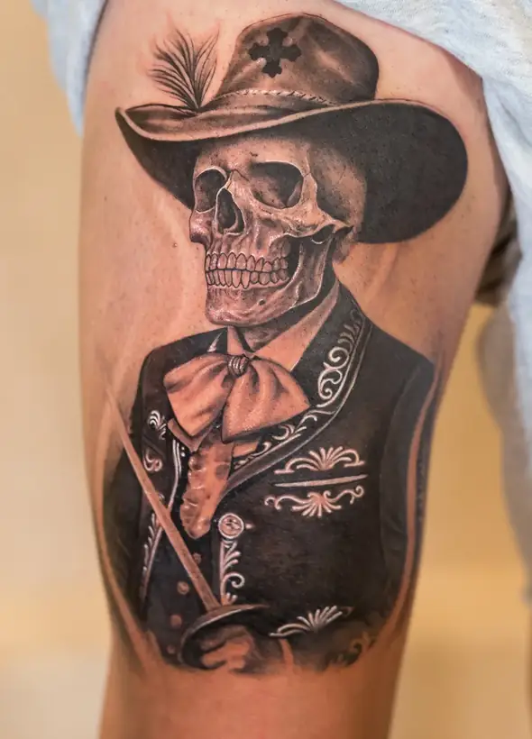 Black and grey realism thigh piece